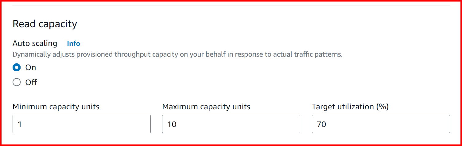 Picture showing the Read capacity section to enable Autoscaling for dynamodb